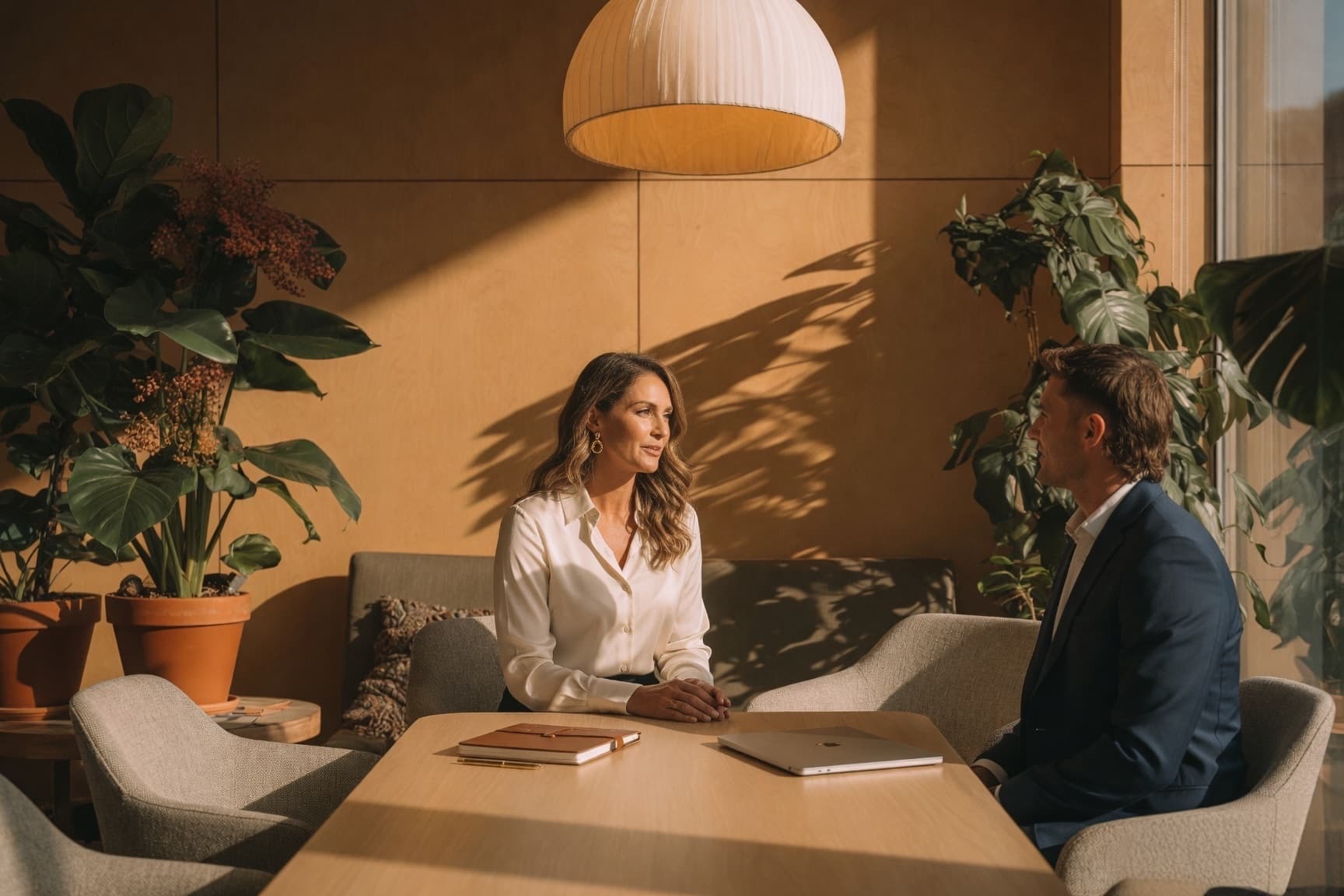 Adviser meeting a client in a sunlit office