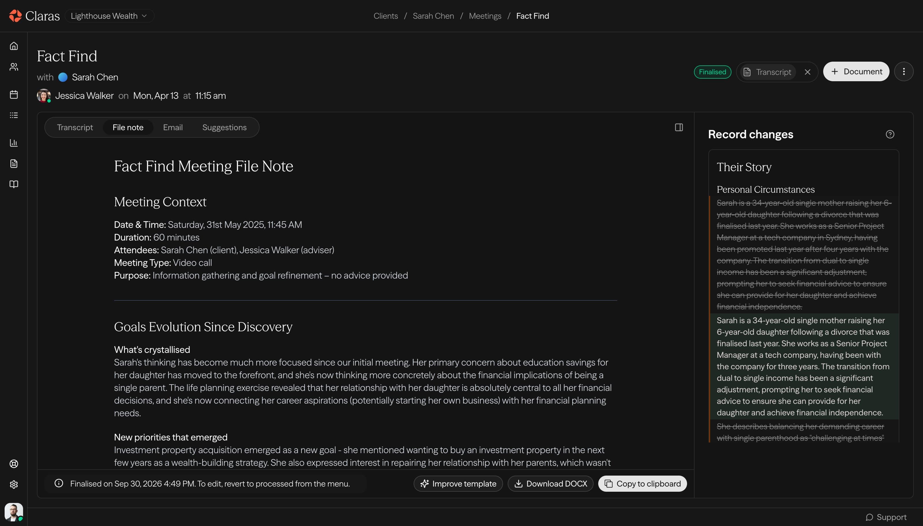 Claras AI file note showing a structured meeting summary with compliance checks