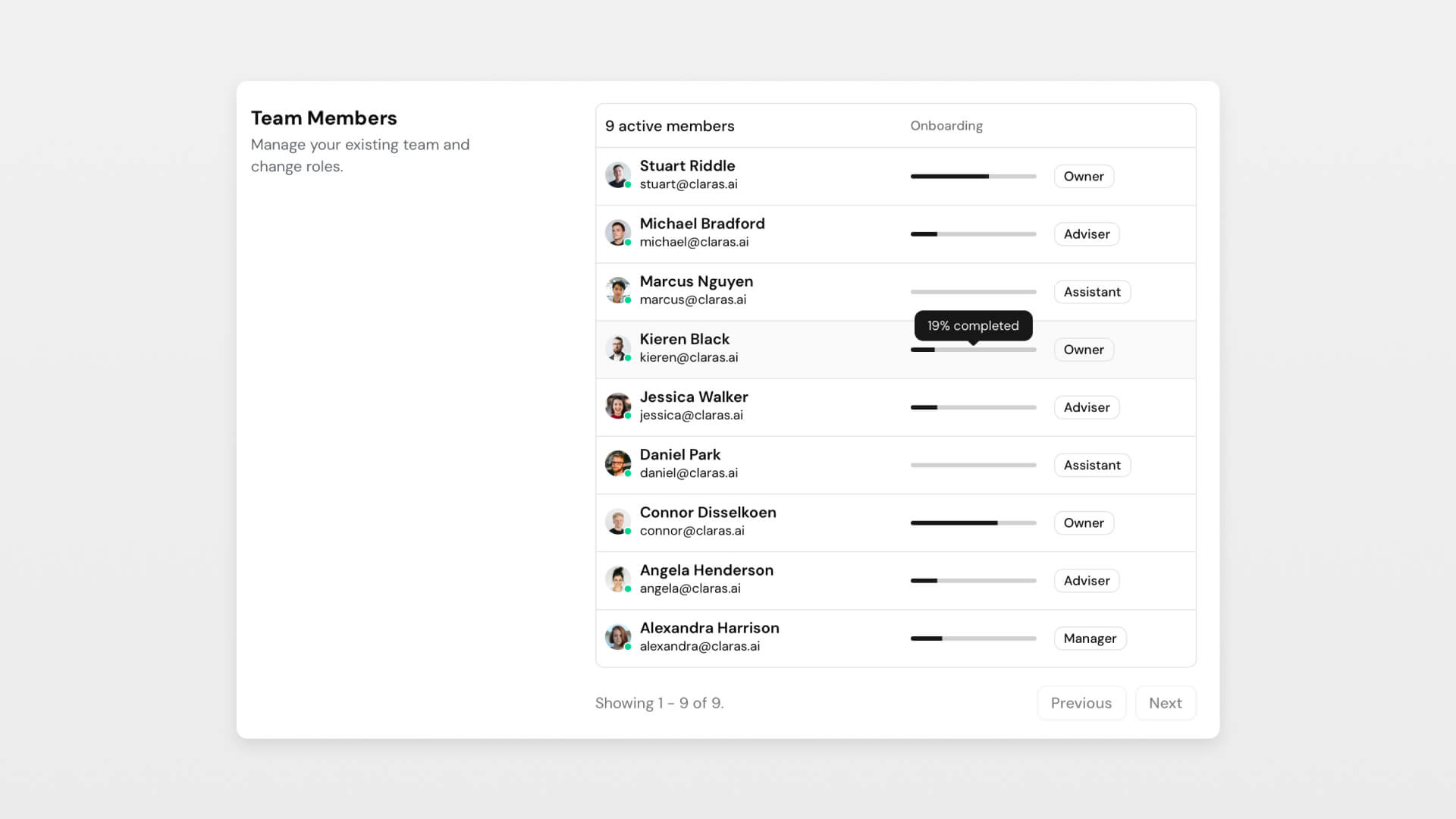 Onboarding team progress